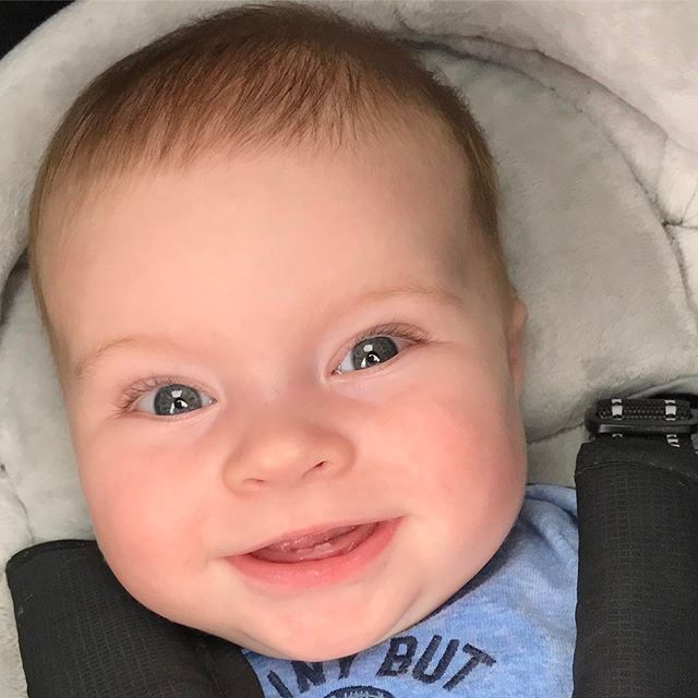 Parker is happy to show the first two pearly whites in his smile! #firsttooth #parkerb #smile #smileybaby #happybaby #happy #love #almost5months
