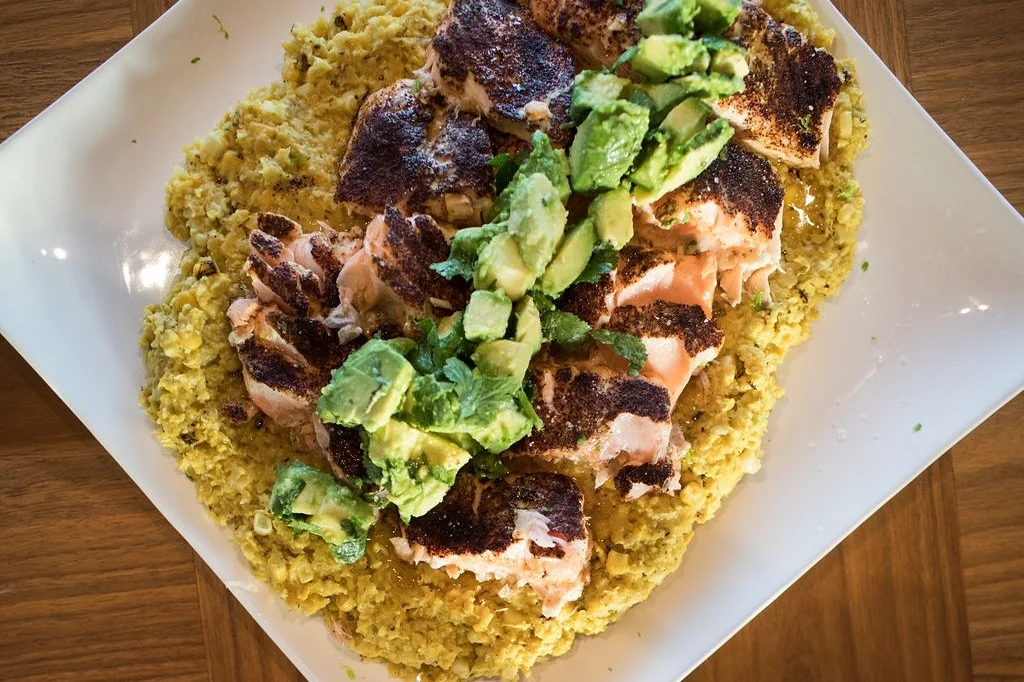Chili Salmon w/ Creamed Corn & Avocado Cilantro Salad