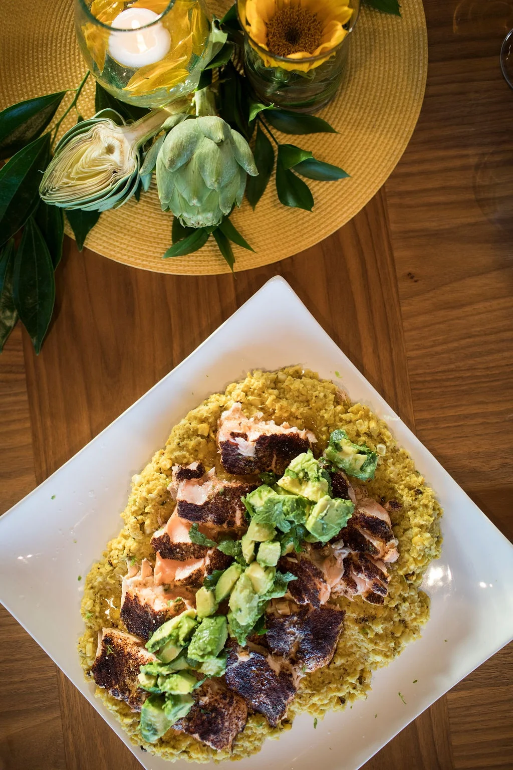 Chili Spiced Shrimp, Salmon or Steak with Creamed Corn and Avocado Cilantro Salad