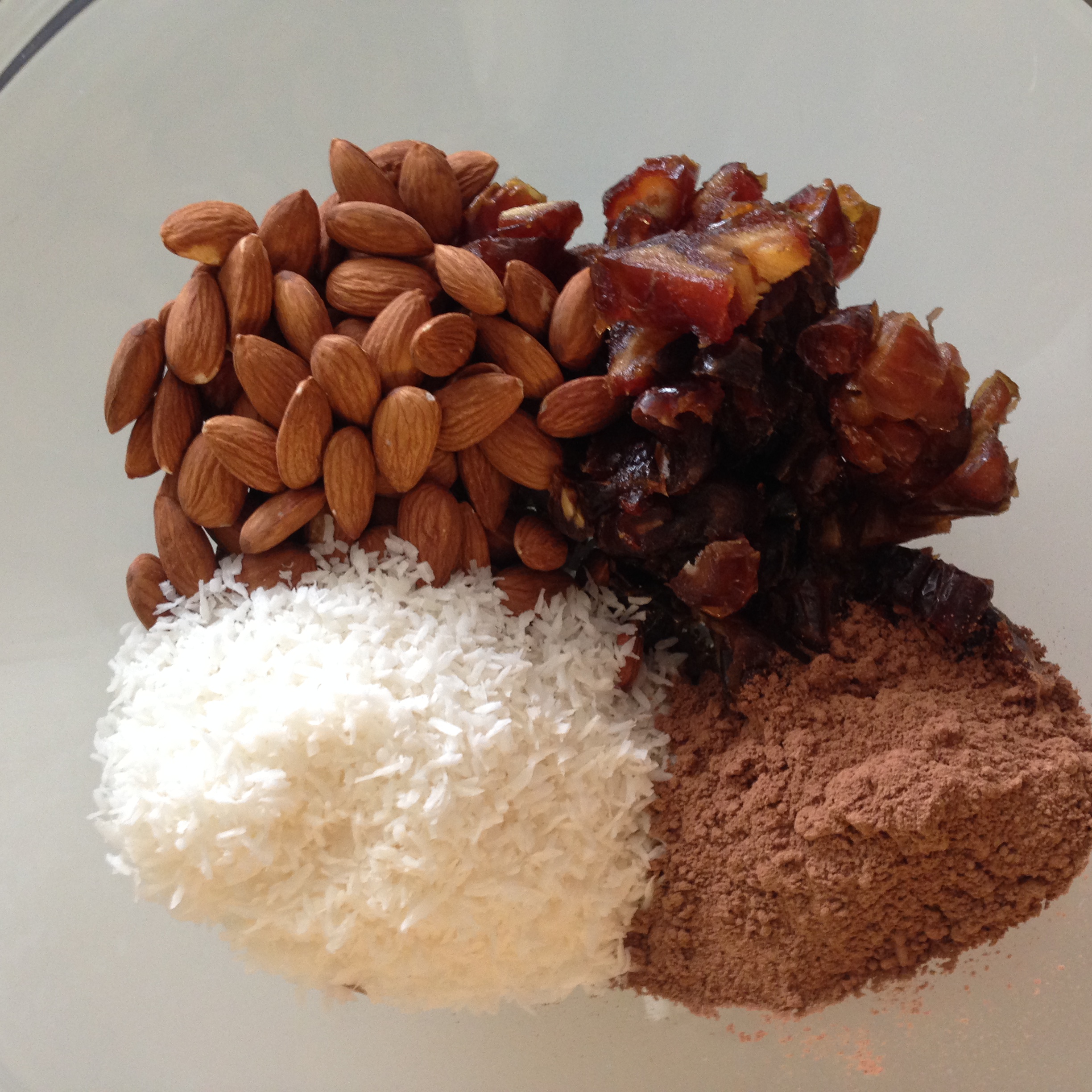 Almonds, dates, coconut, cocoa powder