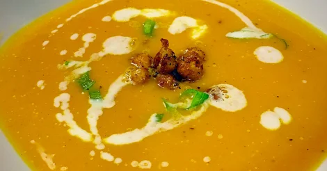Butternut Squash Soup with Coconut Milk Drizzle and Spicy Chickpeas