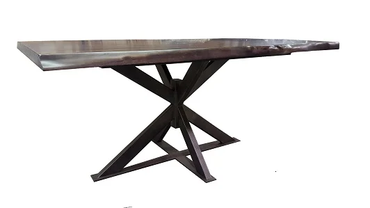 This live edge table in ambrosia maple offers an industrial look with this uniquely designed steel pedestal base. The base offers maximum seating for a small size table. As always, this 2" thick table top can be done in any stain we offer and the metal base can be coated in any solid colour. It is shown here with the wood top in black fumed oak and the base is solid black