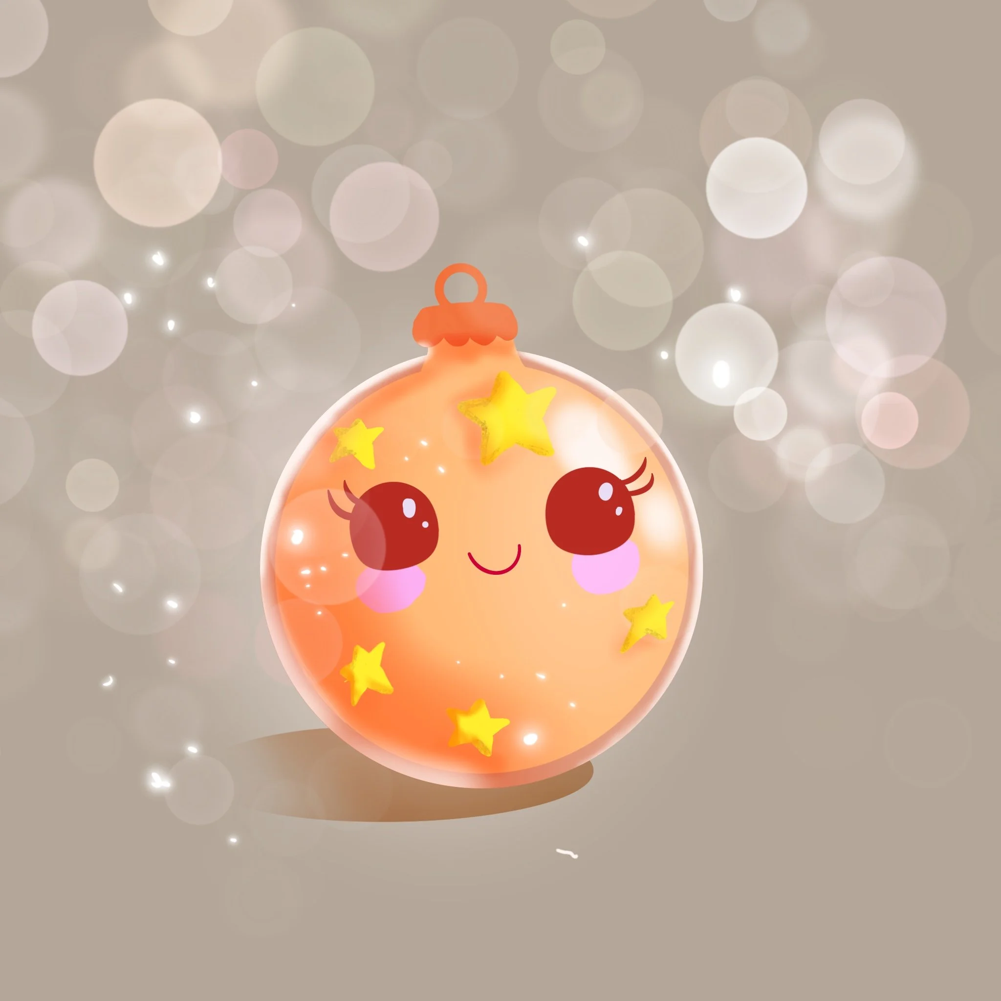 Cute orange ornament character with big eyes, pink cheeks, and yellow stars, floating on a soft bokeh sparkle background.