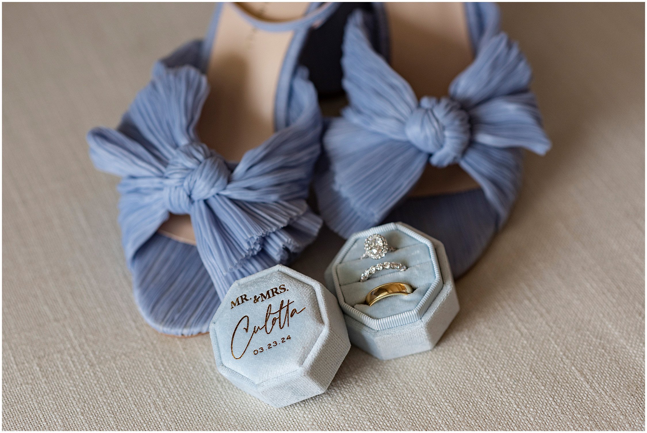 Blue wedding shoes and rings at Rosewood Bermuda