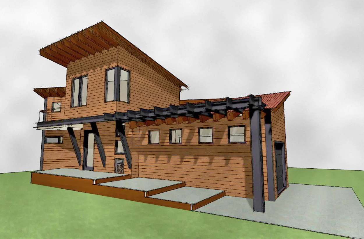 Concept of a small, modern cabin with a multi-use garage/living space