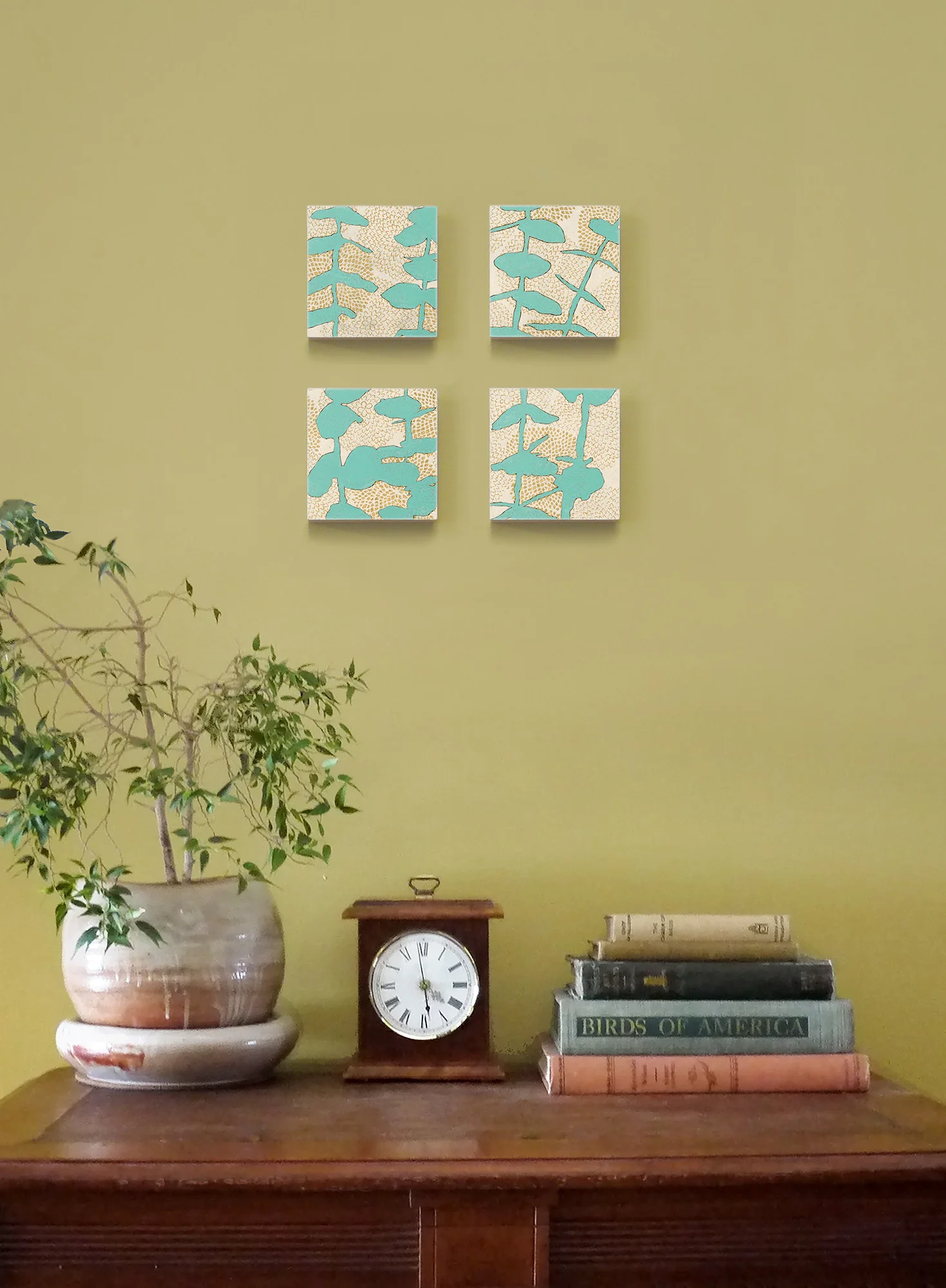 Sprouts Teal - Set of 4 limited edition botanical art blocks