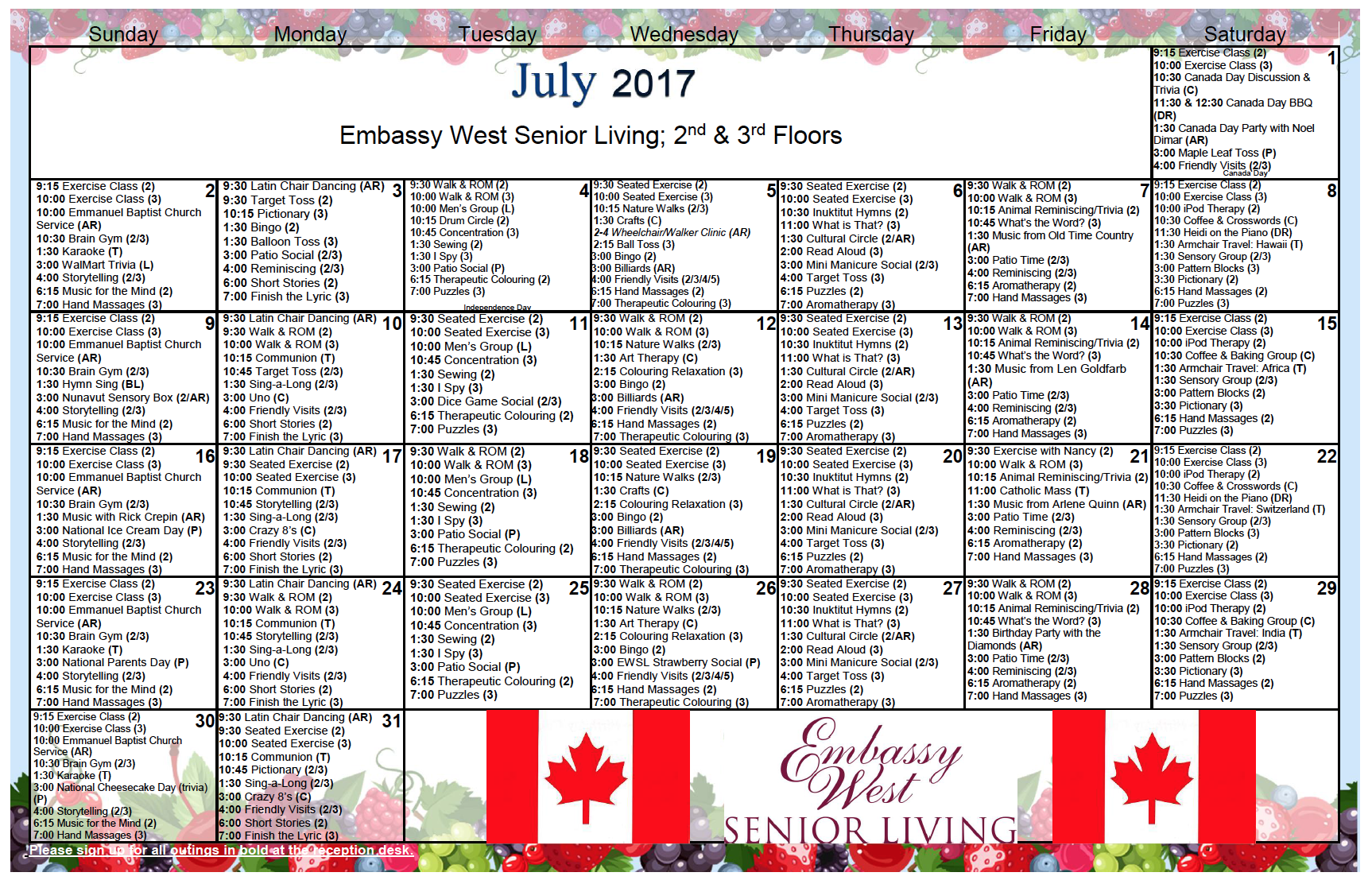 July Activities Calendars Embassy West Senior Living