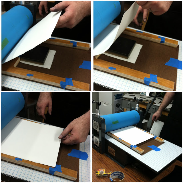 The blank paper goes onto the inked surface of the block.