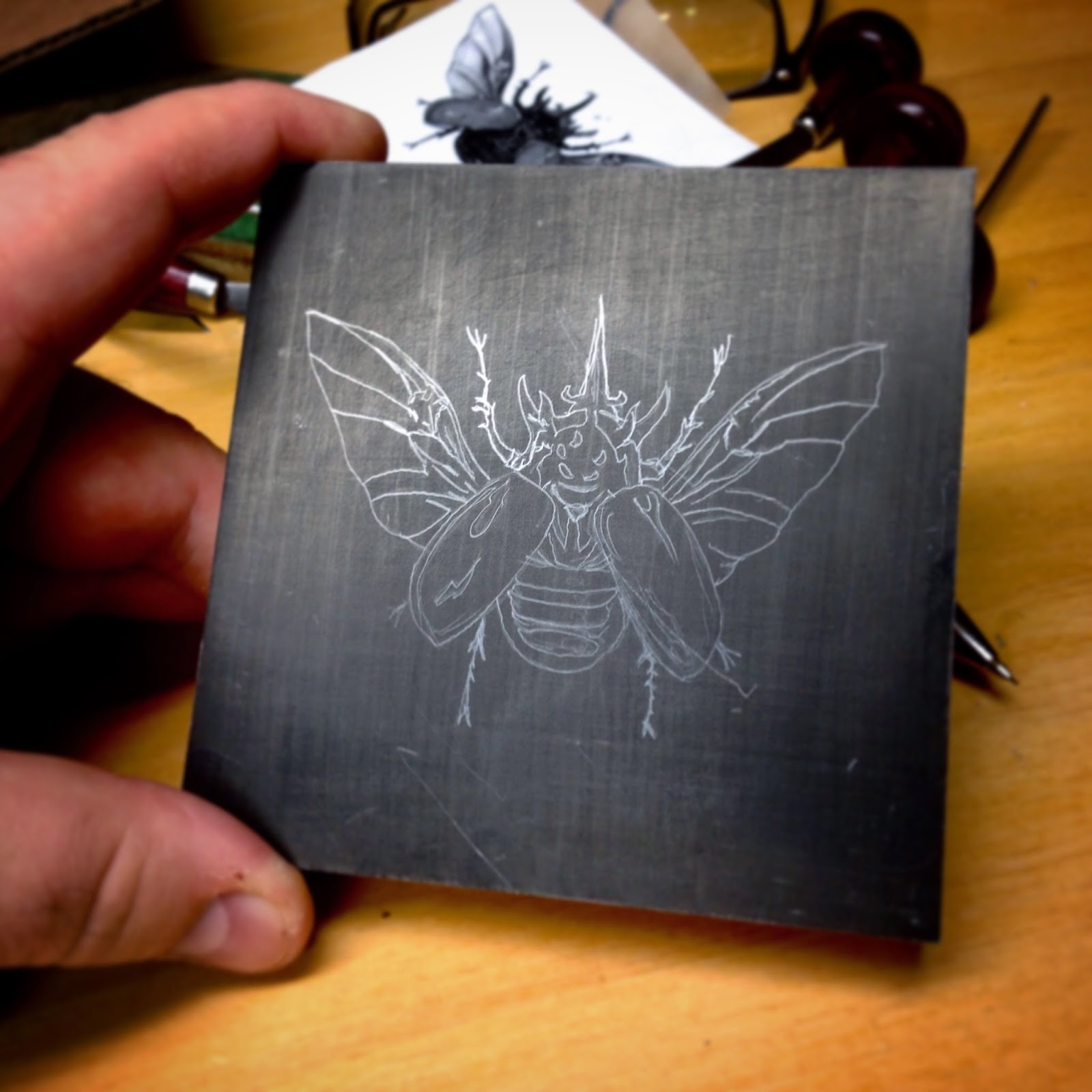 The drawing of the "Rhinoceros Beetle" on a block of Resingrave. 