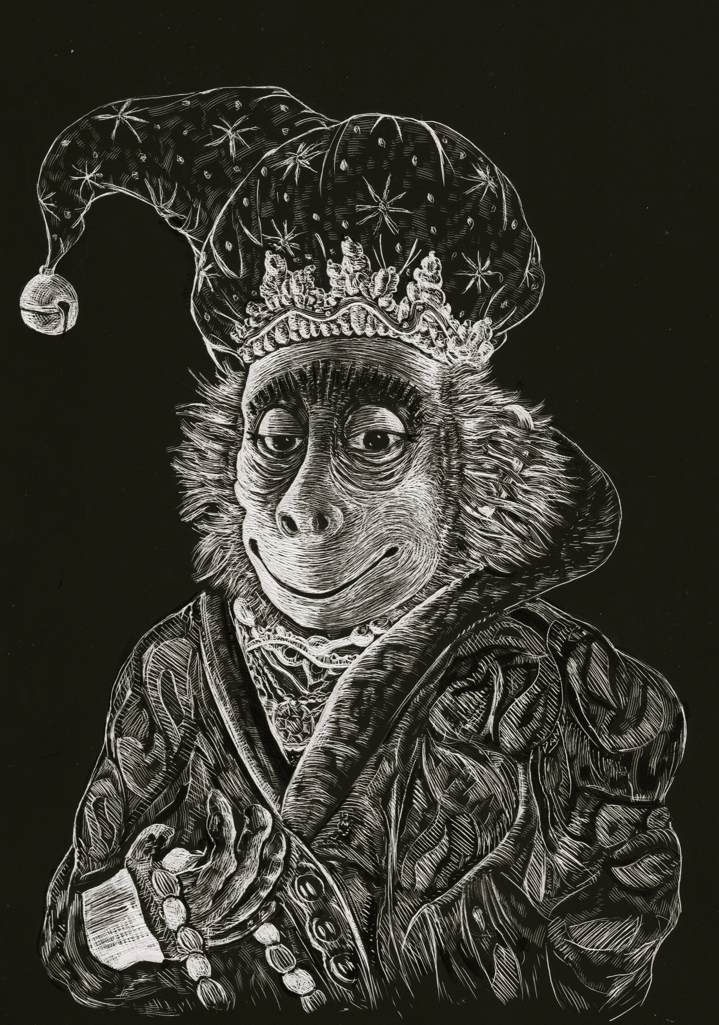 Here is the portrait of the Christmas Monkey. He's modeled after a figurine the author provided. 