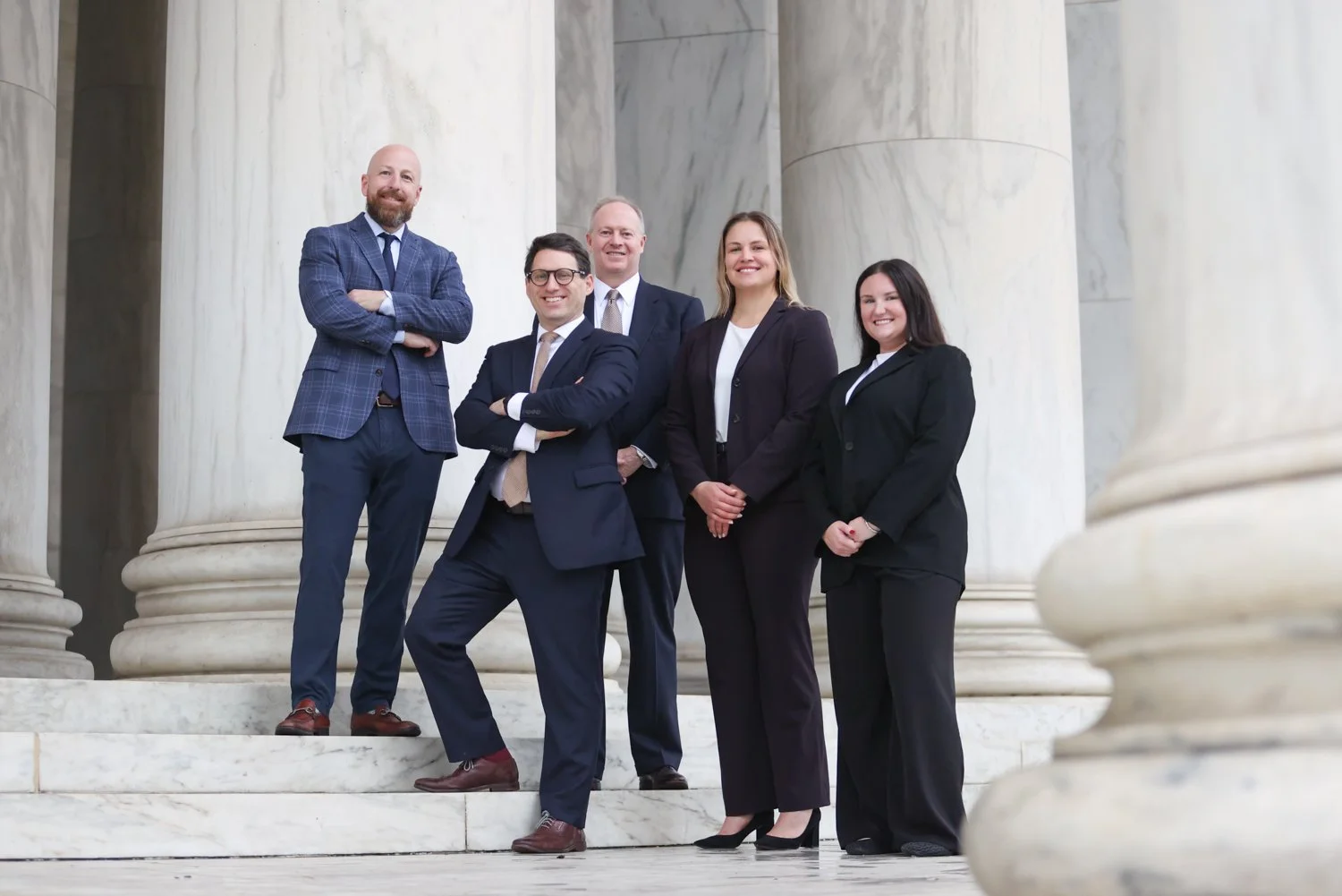 Corporate team photography outside a historic Washington, DC office building.