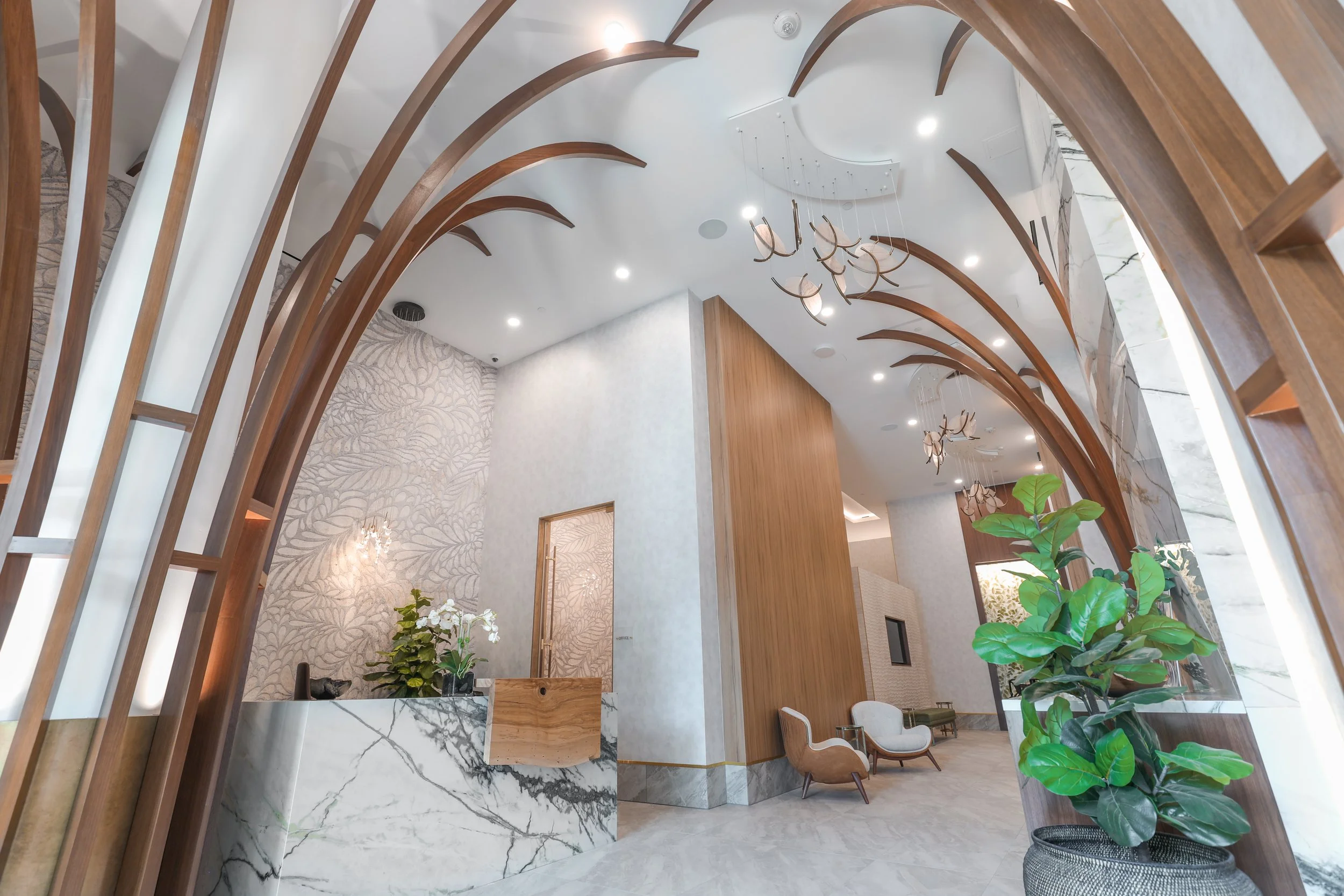 Interior architectural photography of the luxury residential lobby at The Oak at West Falls.