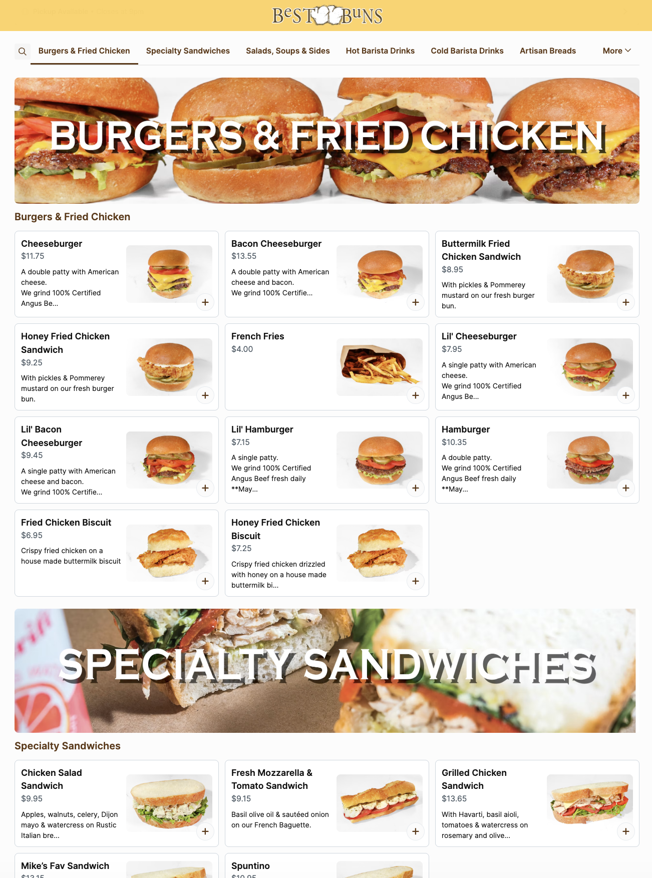 Restaurant menu featuring professionally photographed sandwiches, burgers, salads, and baked goods for Best Buns Bakery & Burgers.