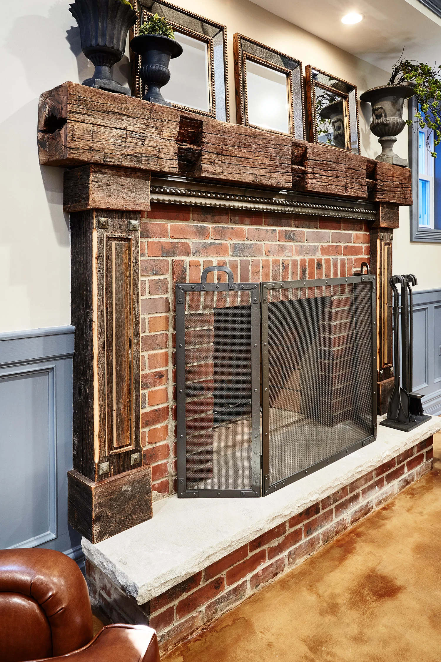 Custom Fireplace Mantle with Reclaimed Barn Wood Beam