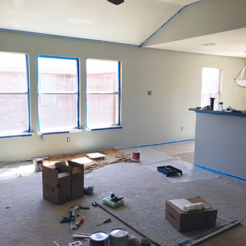 Accent wall and kitchen are Sherwin Williams Comfort Gray
