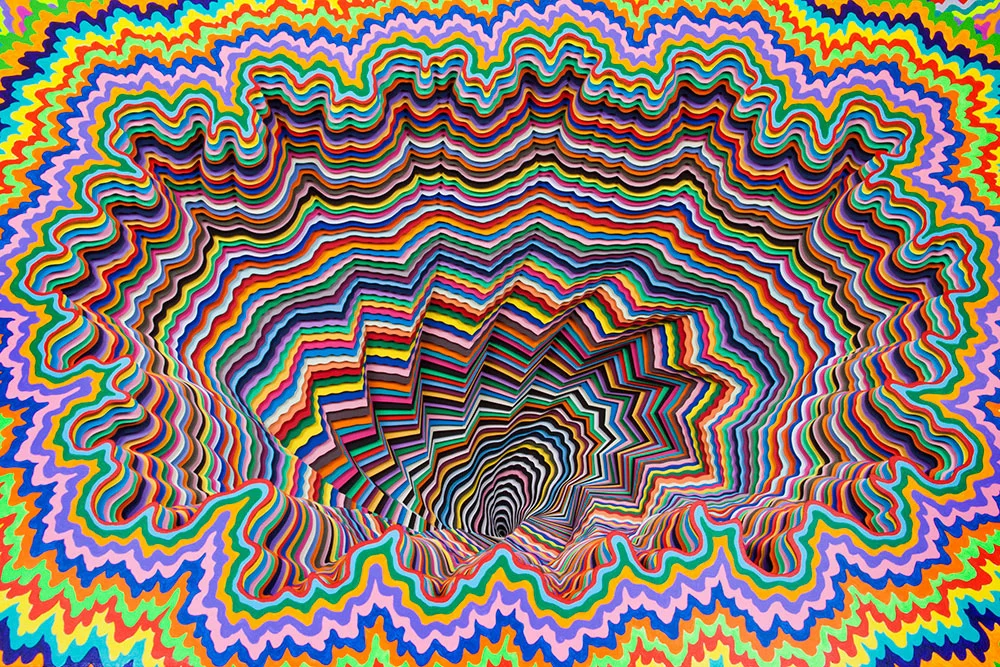  Cosmic Shift (detail), 2015, hand-cut acid-free colored paper, foam board, glue, acrylic paint, wood, varnish, 37 x 24 x 25 in.    