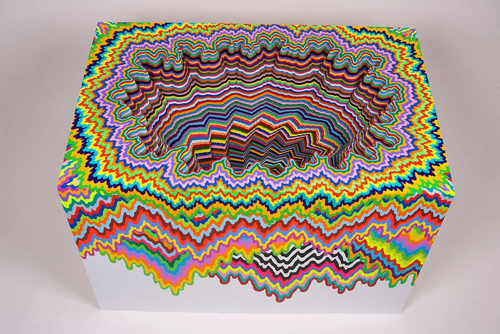  Cosmic Shift, 2015, hand-cut acid-free colored paper, foam board, glue, acrylic paint, wood, varnish, 37 x 24 x 25 in. 