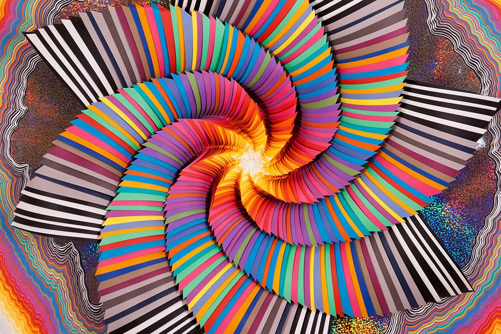   Cosmographic (detail), 2014, acid-free paper, holographic paper, glue, wood, acrylic paint, 34 x 37 x 4 in.  