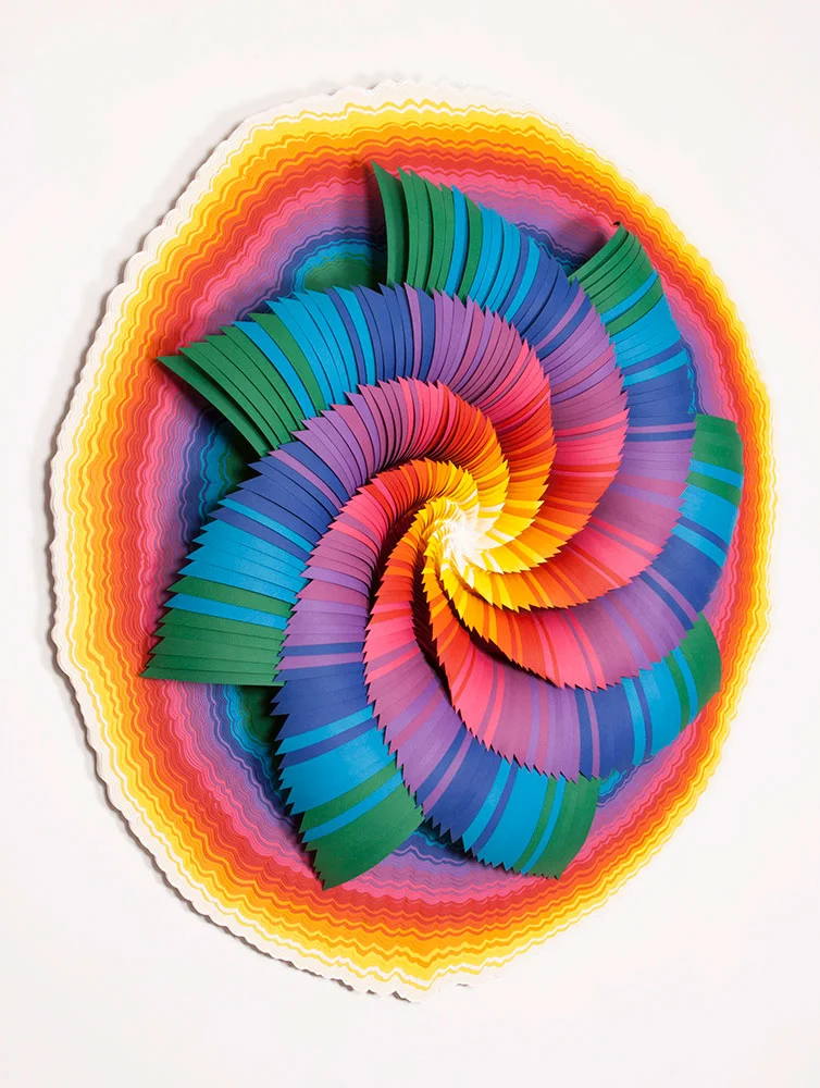   Vortex , 2014, acid-free colored paper, glue, wood, paint, 32 x 34 x 4 in. 