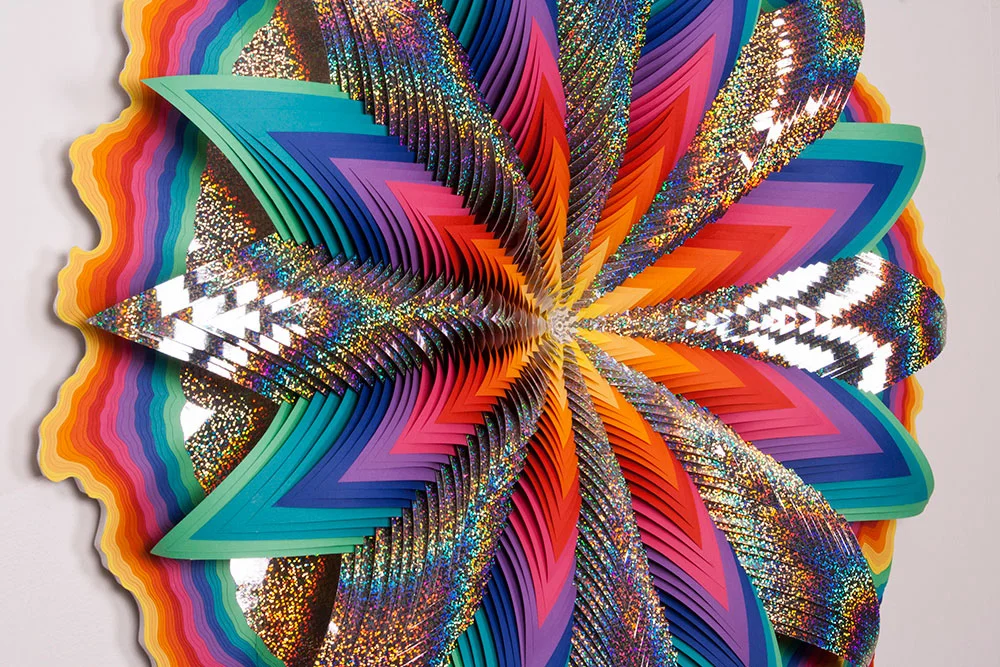  Glow (detail), 2013,  acid-free   paper  , holographic   paper  , glue, wood, acrylic paint , 63 x 40 x 4 in. 