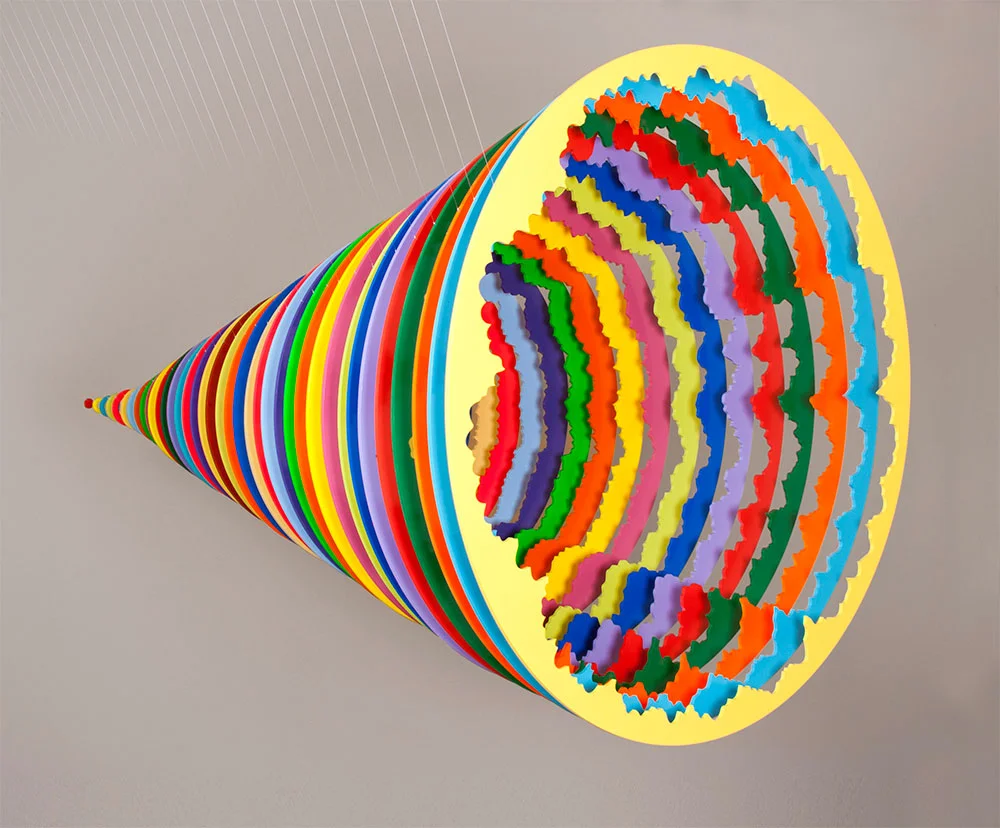  Full Circle (side view), 2014, latex spray paint on PVC, monofilament, 36 x 36 x 76 in. 