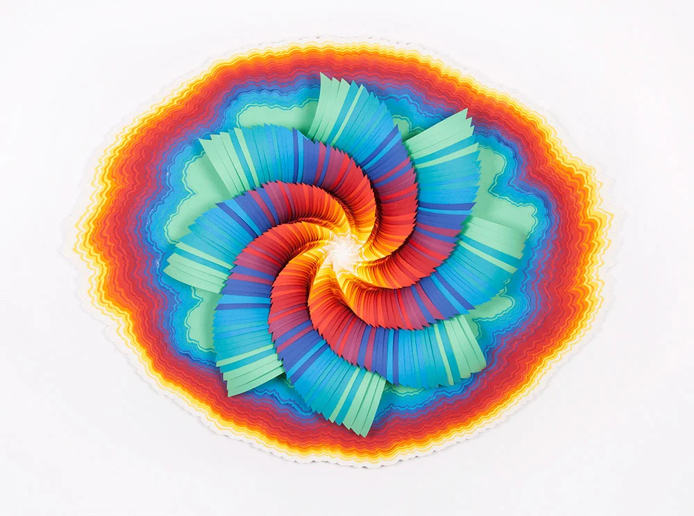      Whirl   , 2014,   acid-free colored paper, glue, wood, paint,   41 x 31 x 4 in.  