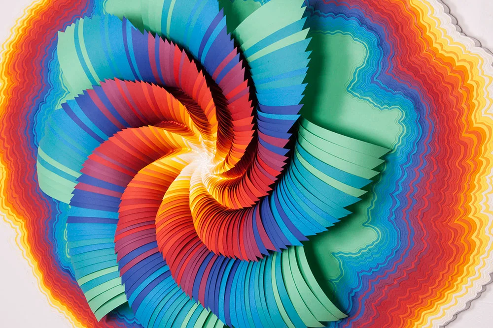      Whirl    (detail), 2014,   acid-free colored paper, glue, wood, paint,   41 x 31 x 4 in.  