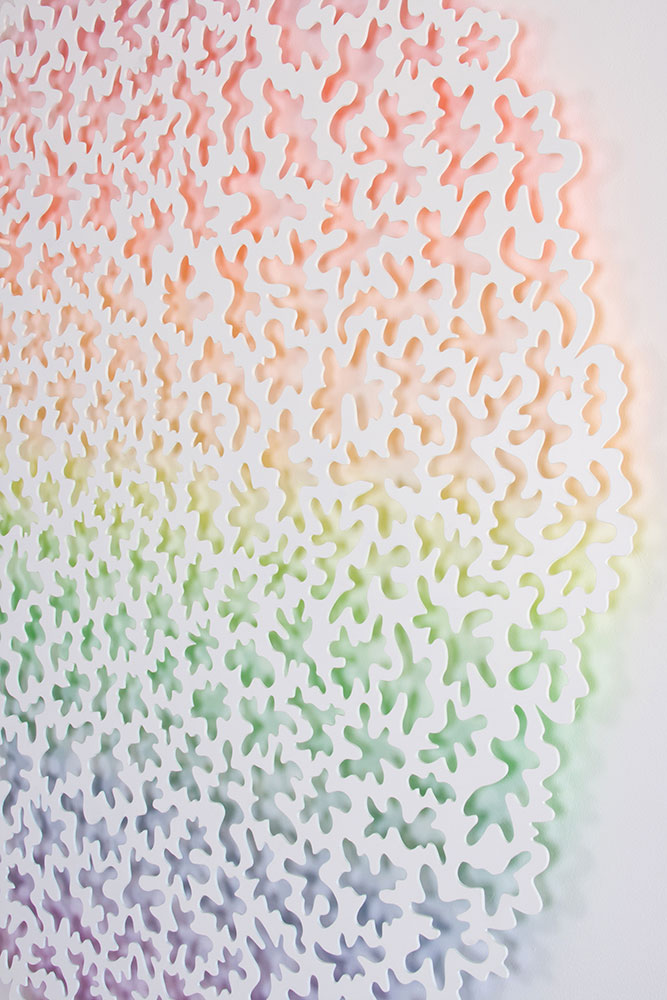  Glow (detail), 2013, aluminum, powder coat paint, acrylic paint, 48 x 48 x 1 in. 