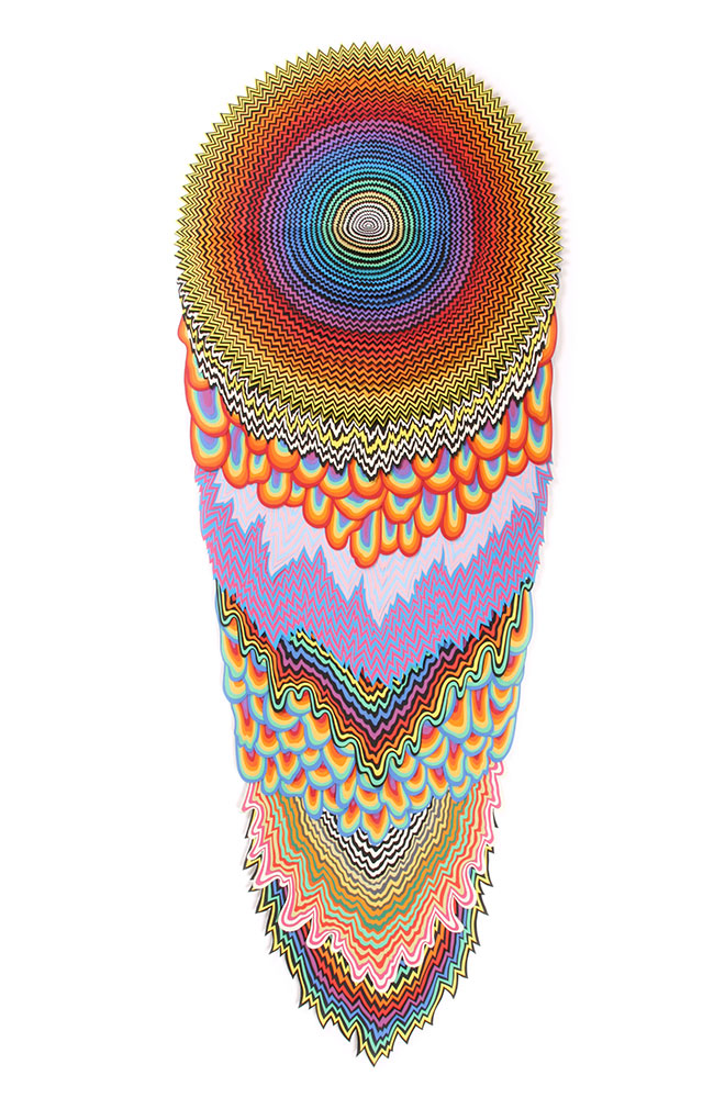  Cascade, 2012, hand-cut acid-free paper, glue, wood,&nbsp; 69 x 25 x 4 in 