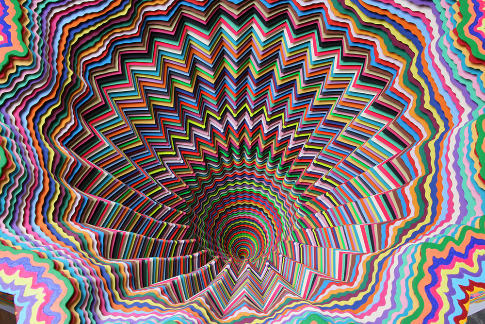  Cosmic Distortion (detail), 2012, hand-cut acid-free paper, glue, wood, foam board, 22.5 x 22.5 x 36.5 in 