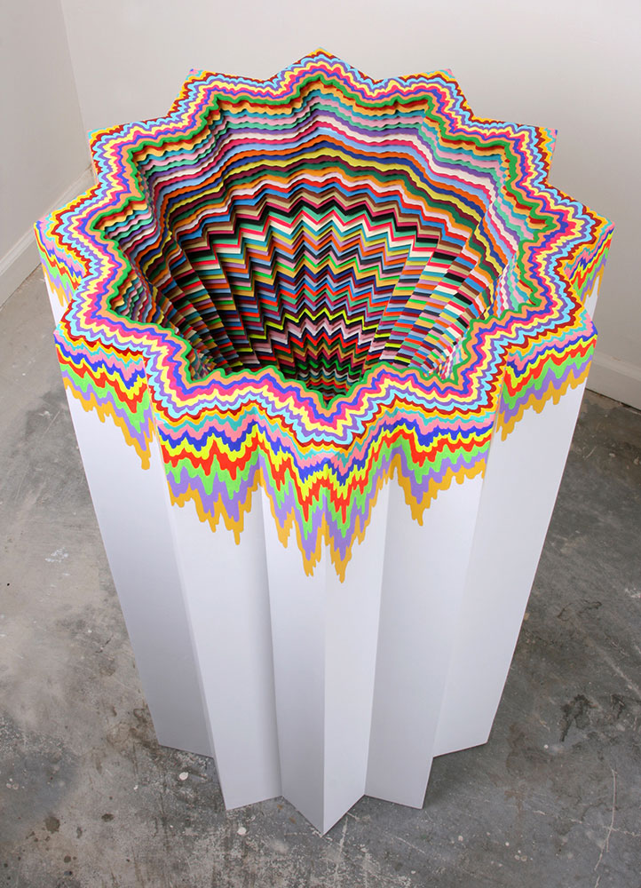  Cosmic Distortion, 2012, hand-cut acid-free paper, glue, wood, foam board, 22.5 x 22.5 x 36.5 in 