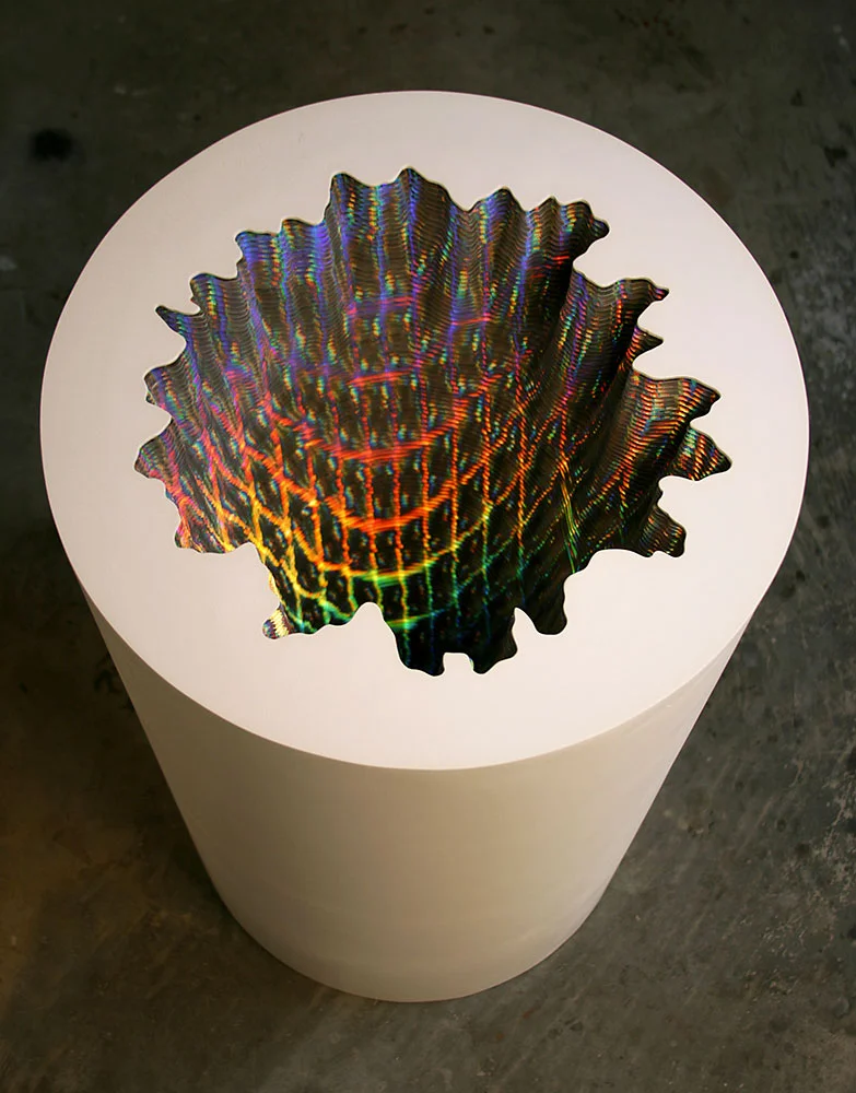  Holographic Circle (detail), 2012, acid-free foam board, holographic paper, glue, wood &amp; paint, 20 x 20 x 35.5 in. 