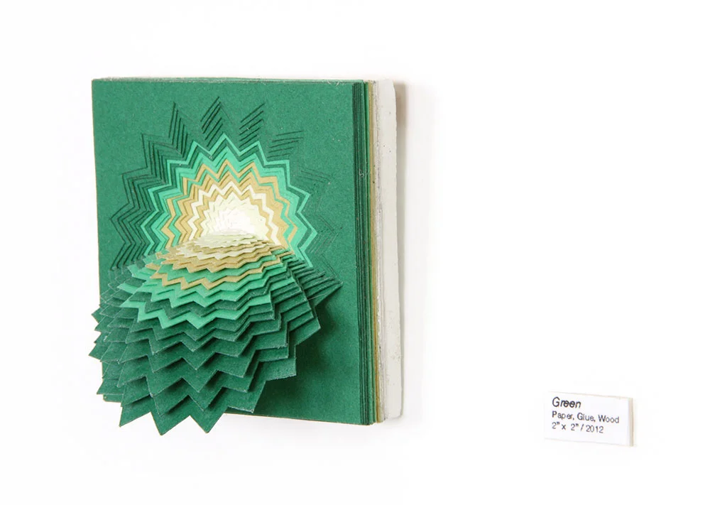 Micros (Green), 2012, hand-cut acid-free paper, glue, wood, 2 x 2 x 1 in each 