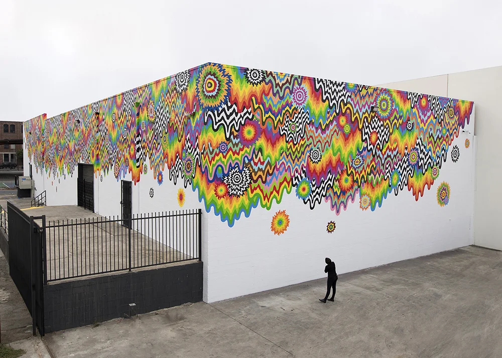   Chromatic Cascade  (mural at 1825 Conway Place in the Arts District, Los Angeles), 2017, latex paint, approx. 200 x 27 ft 