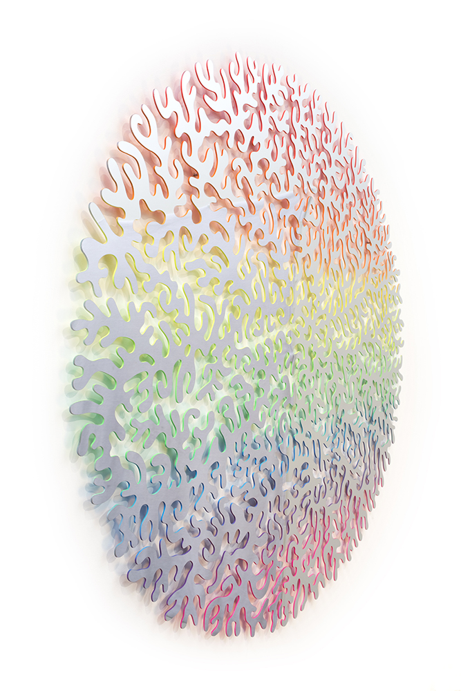  Circular Reflection, 2017, mirrored stainless steel and spray paint, 57 x 47 x 1 in 