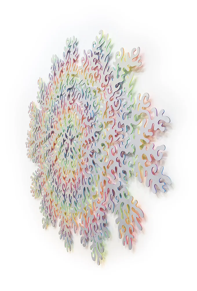  Radial Fragment, 2017, mirrored stainless steel and spray paint, 62 x 47 x 1 in 