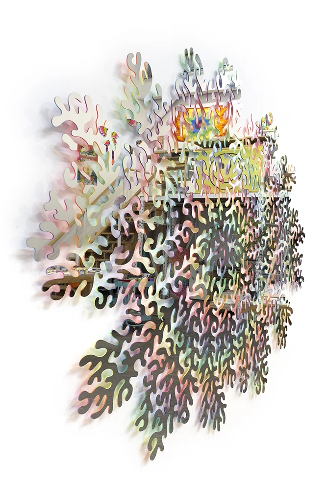  Radial Fragment, 2017, mirrored stainless steel and spray paint, 62 x 47 x 1 in 