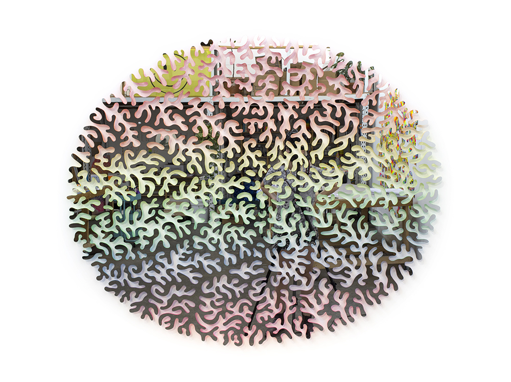  Circular Reflection, 2017, mirrored stainless steel and spray paint, 57 x 47 x 1 in 