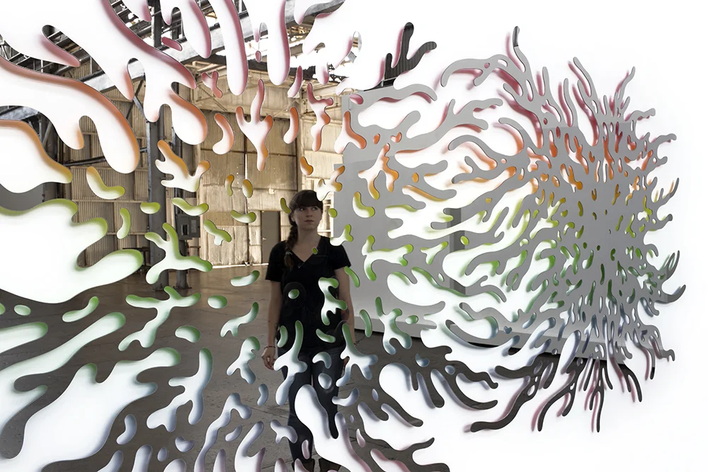  Reflective Gradient (detail) , 2016, mirrored stainless steel and spray paint, 45 x 96 x 1 in. 