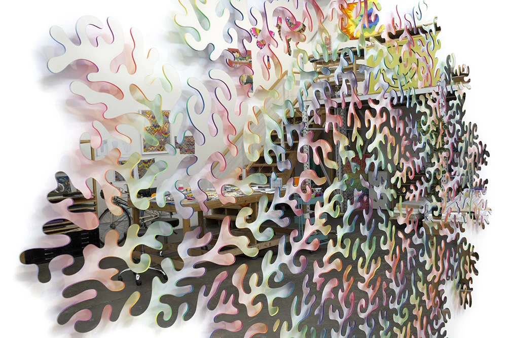  Radial Fragment, 2017, mirrored stainless steel and spray paint, 62 x 47 x 1 in 