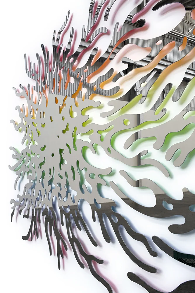  Reflective Gradient (detail) , 2016, mirrored stainless steel and spray paint, 45 x 96 x 1 in. 