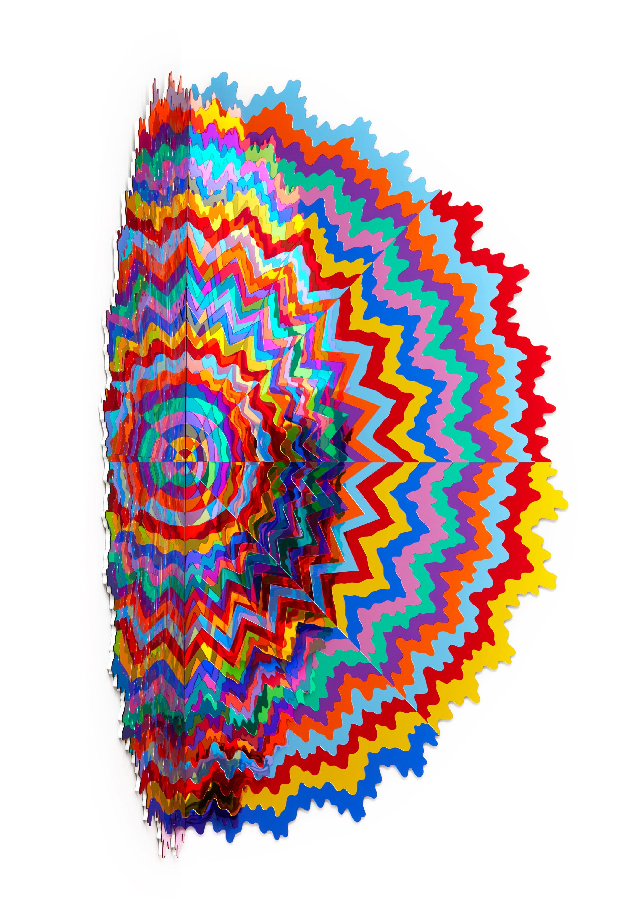  Infinity Spiral, 2018, laser cut mirrored acrylic, epoxy, wood, 96 x 96 in 