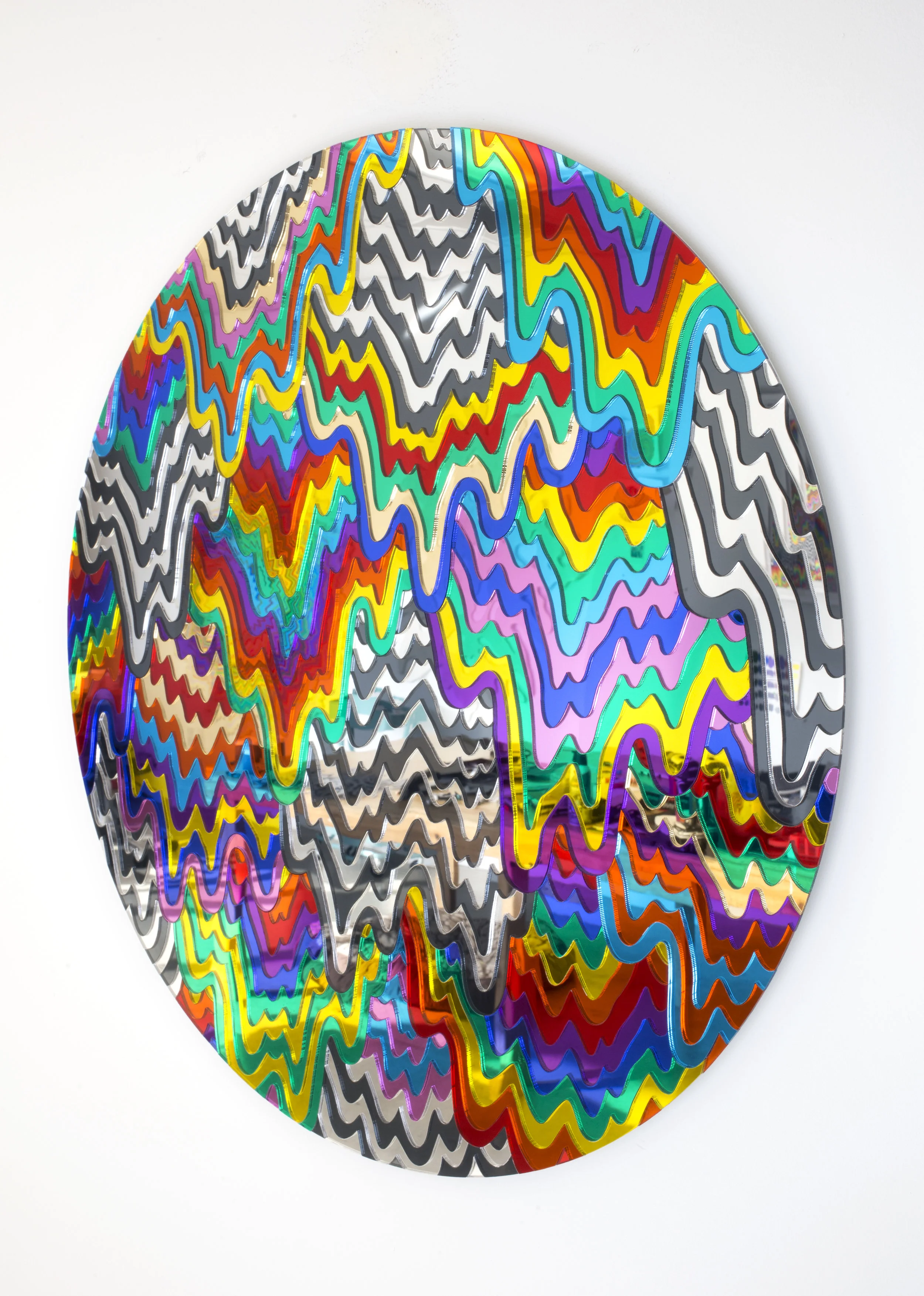  Reflective Cascade #2 (side view), 2019, laser cut mirrored acrylic on wood, 24 x 24 x .75 in. 