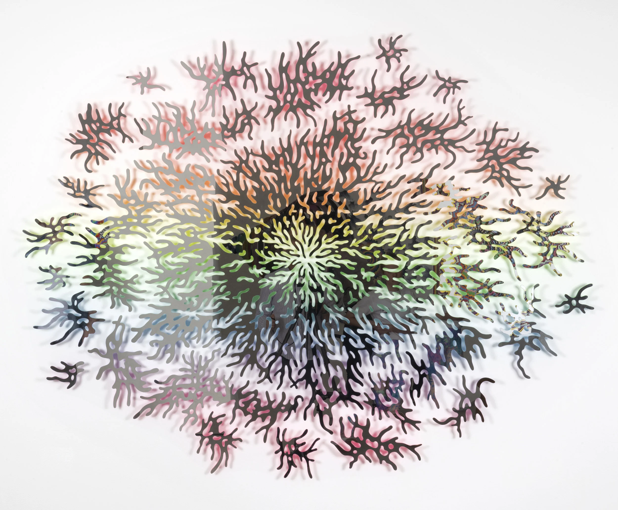  Perception, 2019, mirrored stainless steel and acrylic paint, 64 x 85 x 1 in. 