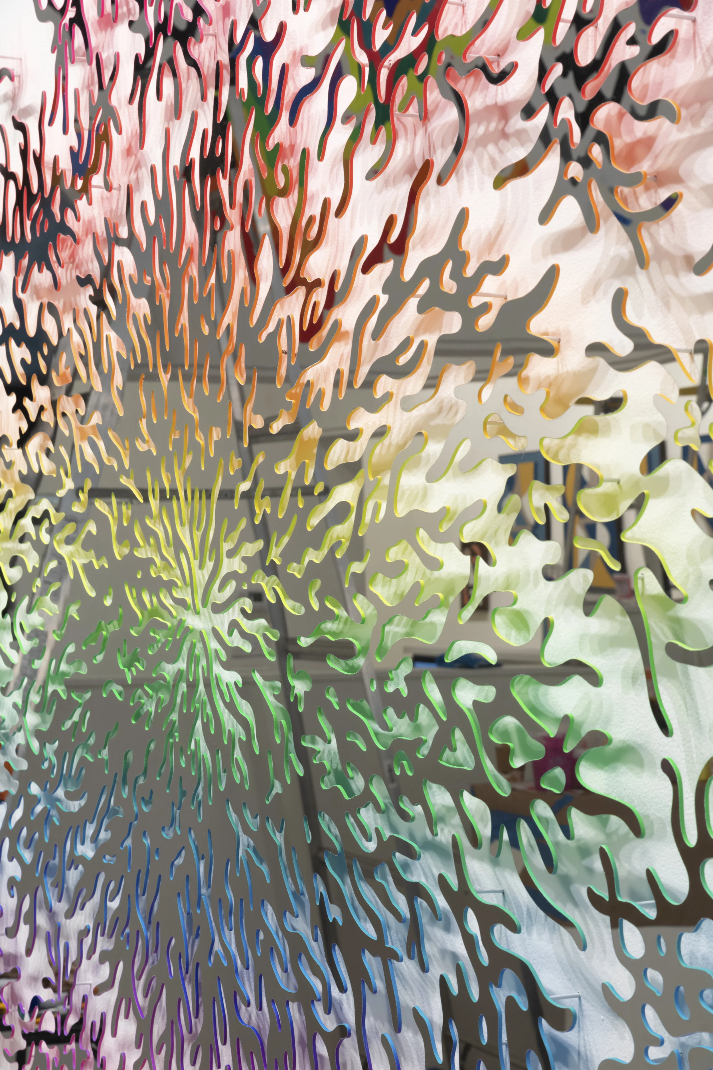  Perception (detail), 2019, mirrored stainless steel and acrylic paint, 64 x 85 x 1 in. 