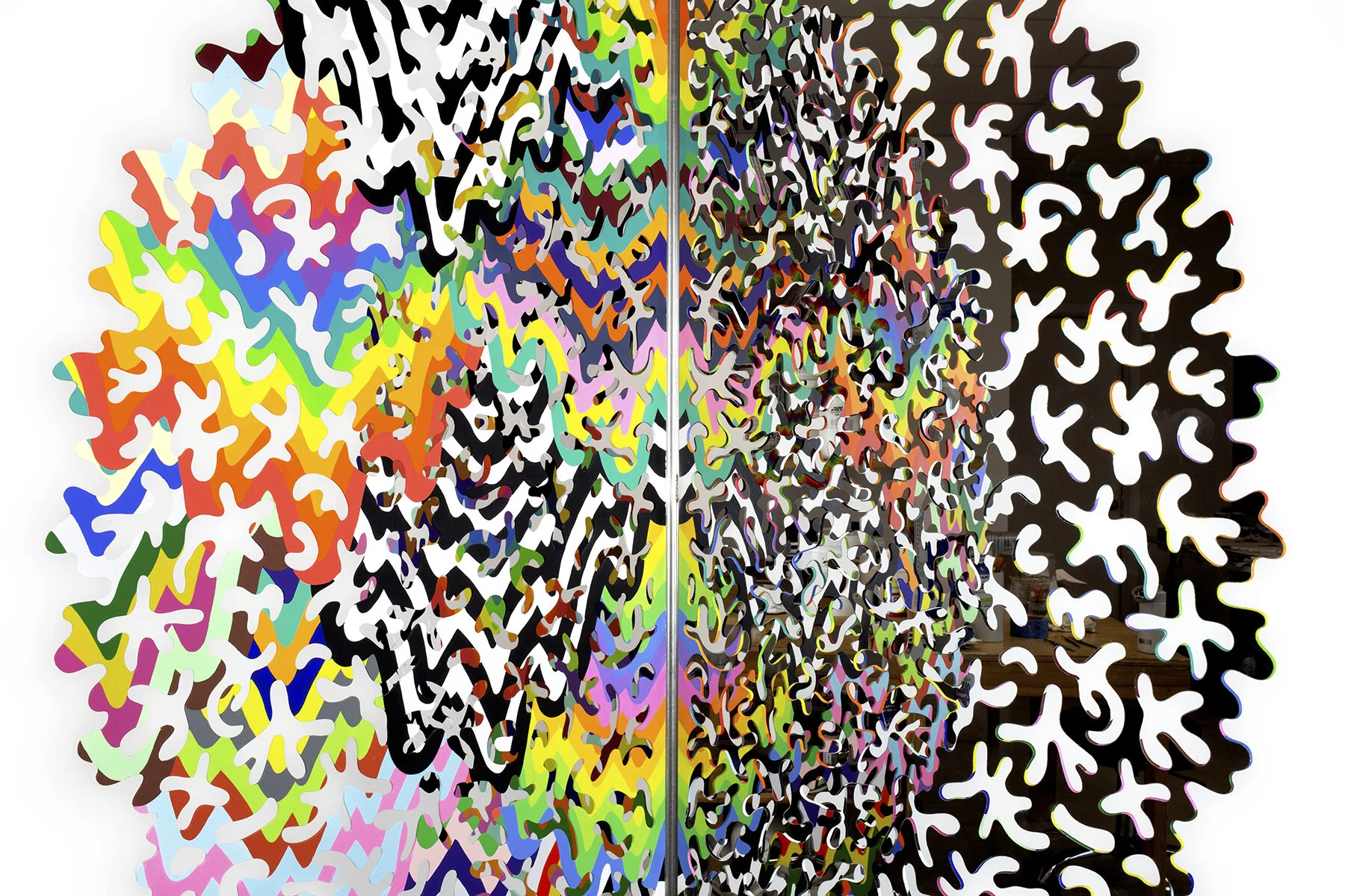   Spatial Reflection  (installation in Boston, MA), 2019, mirrored stainless steel, acrylic paint, metal hardware and pedestal, 78 x 48 x 48 in 