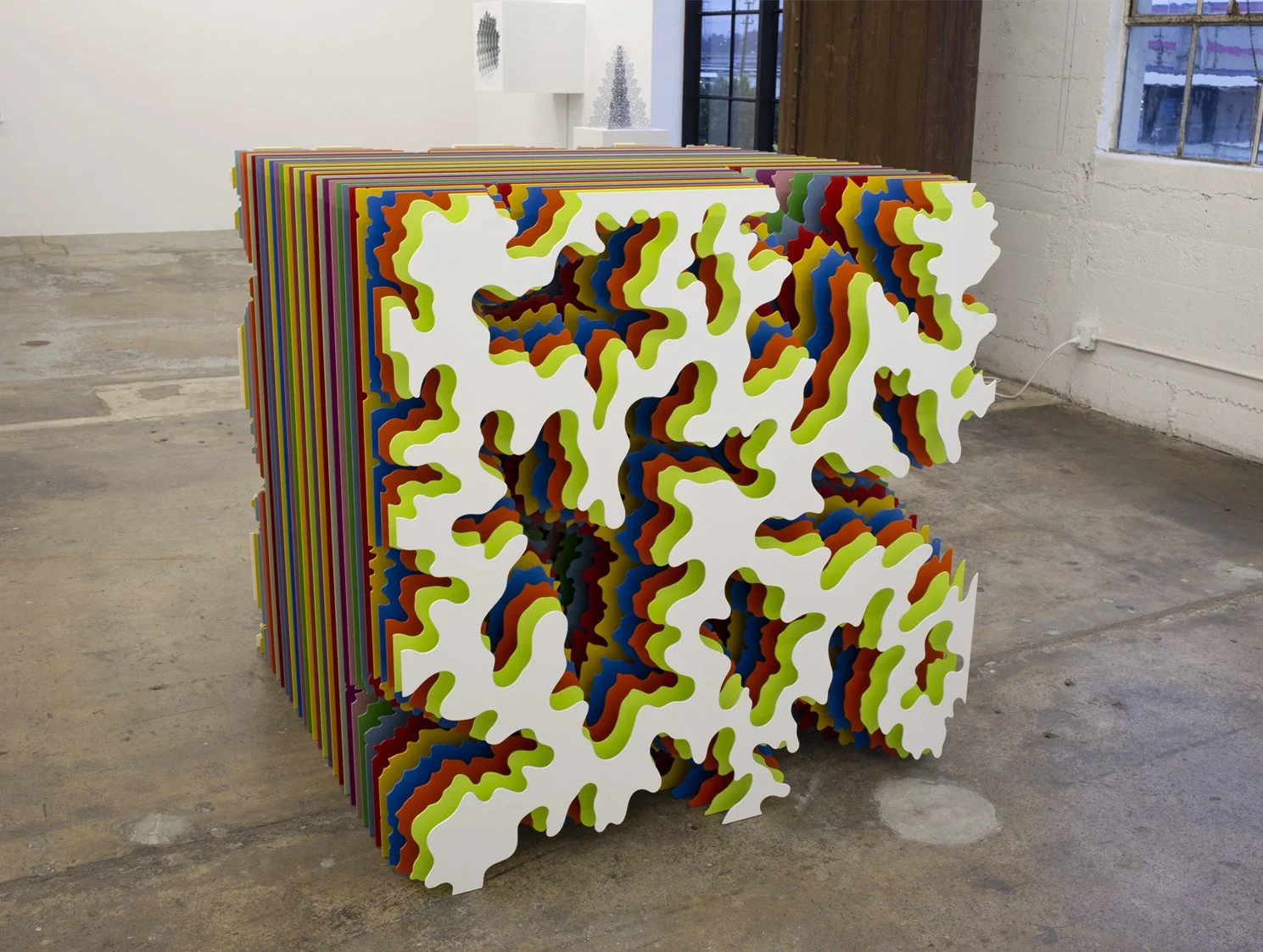  4 x 4 x 4, 2021, powder coated aluminum, chrome plated aluminum spacers, aluminum threaded rods, stainless steel, magnets, 48 x 48 x 48 in. 