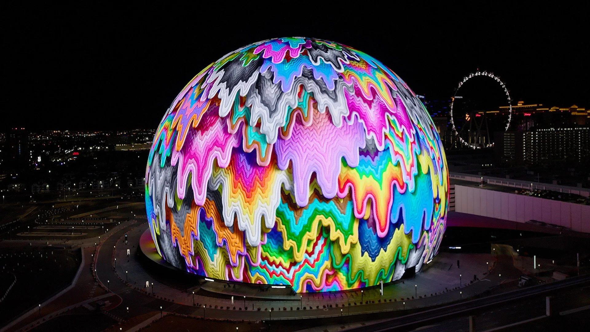   Cosmic Cascade  (displayed on Sphere, Las Vegas), 2025, animation, 90 seconds 