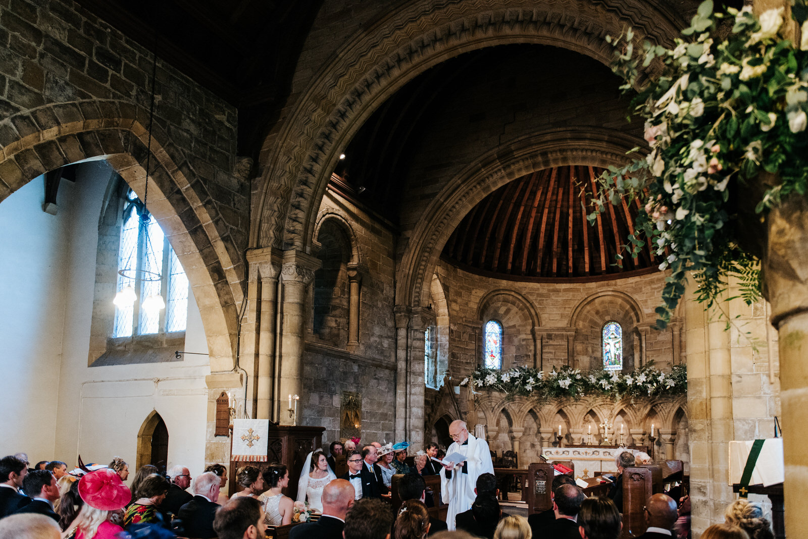 Wide shot of Felixkirk Church interior highlighting the architec