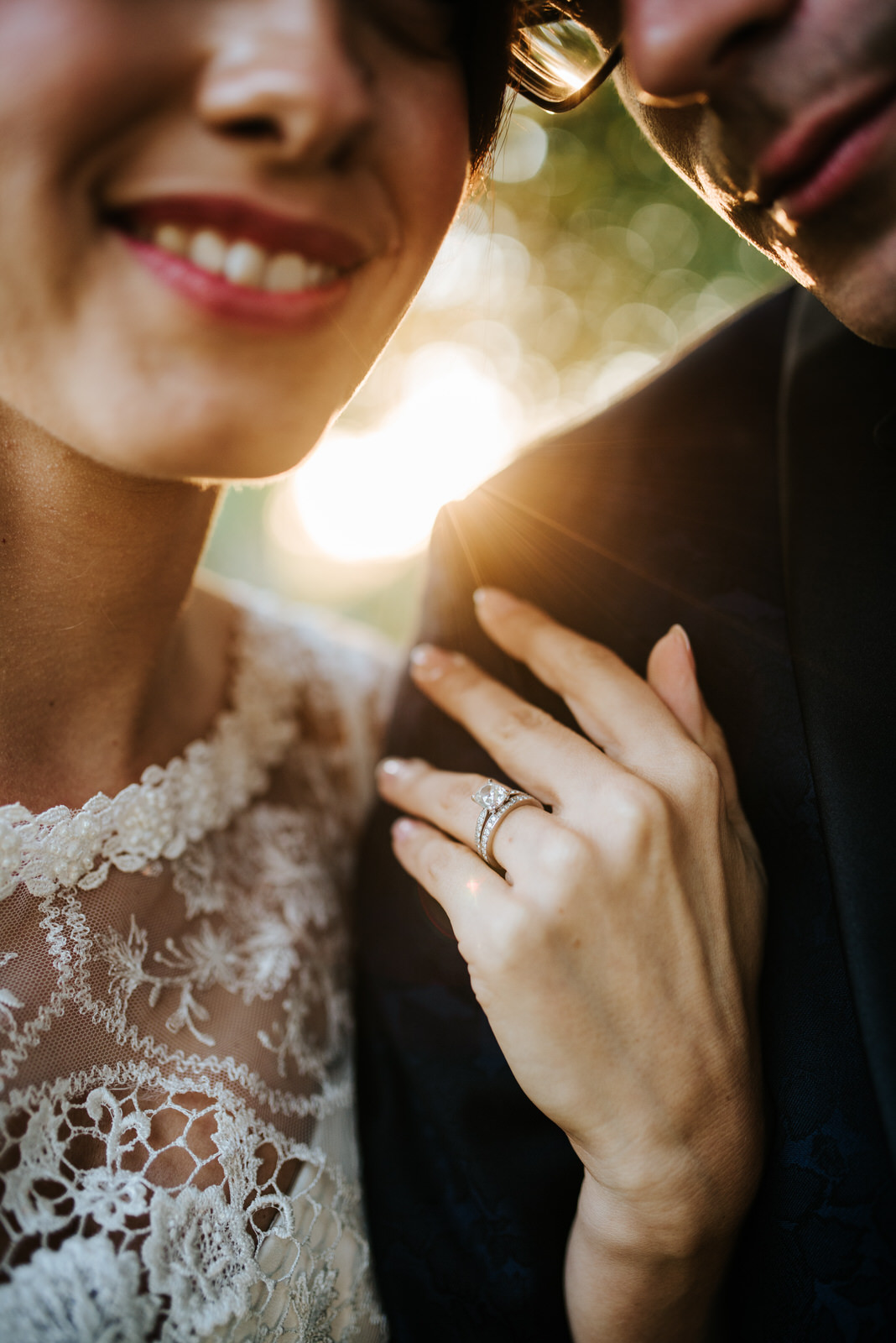 Close-up of Bride's engagement ring as sun sets in stunning York